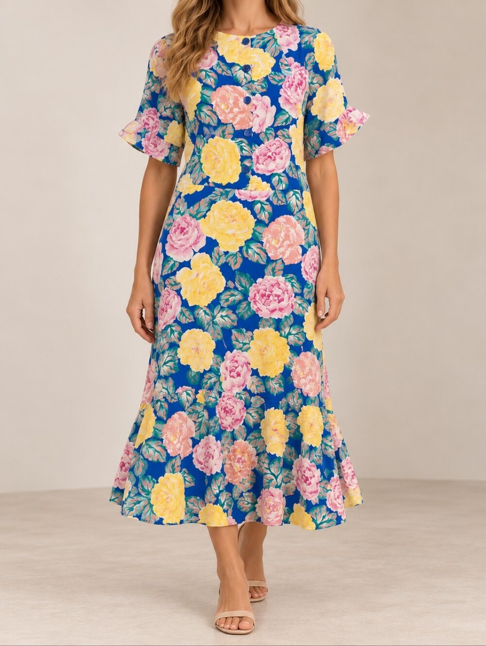 Vintage Orite 80s Cobalt Rose Floral Drop Waist Ruffle Midi Dress Shoulder Pads